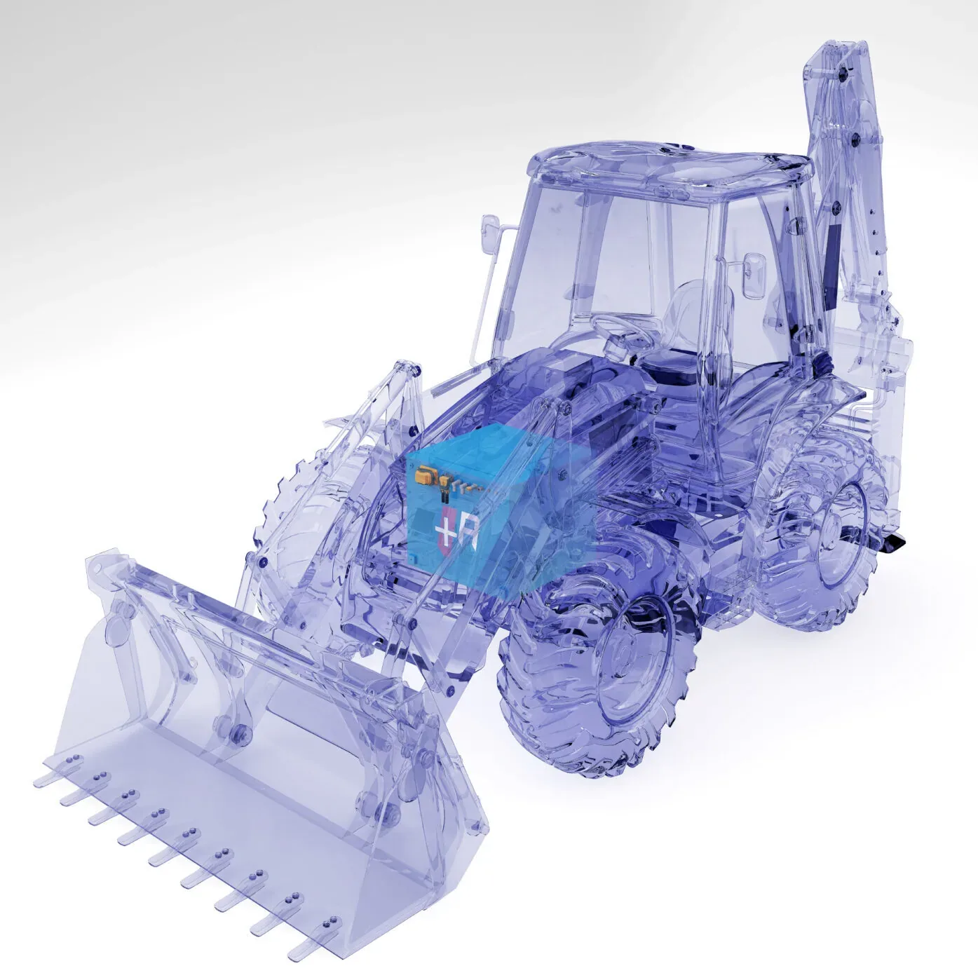 Backhoe loader render with an integrated Aliant lithium battery pack