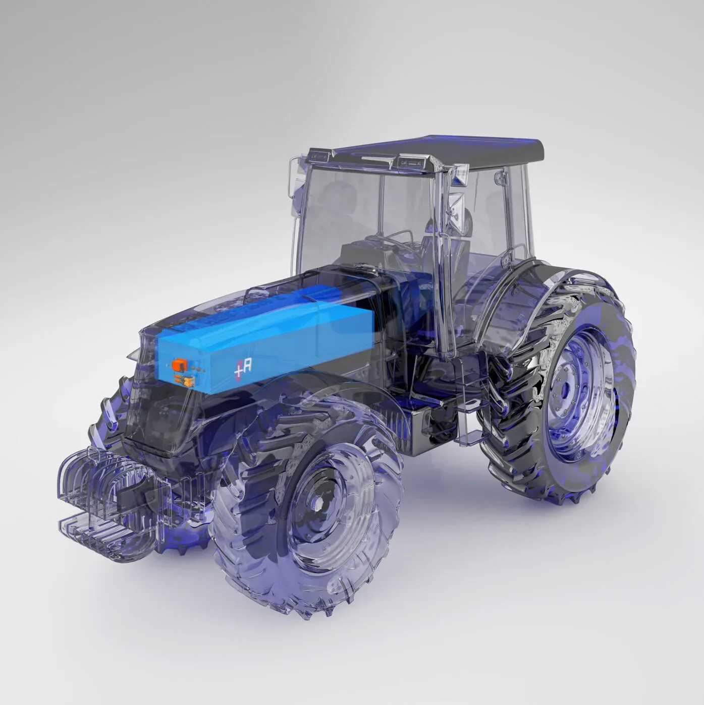 Agricultural tractor render showing an Aliant lithium battery pack