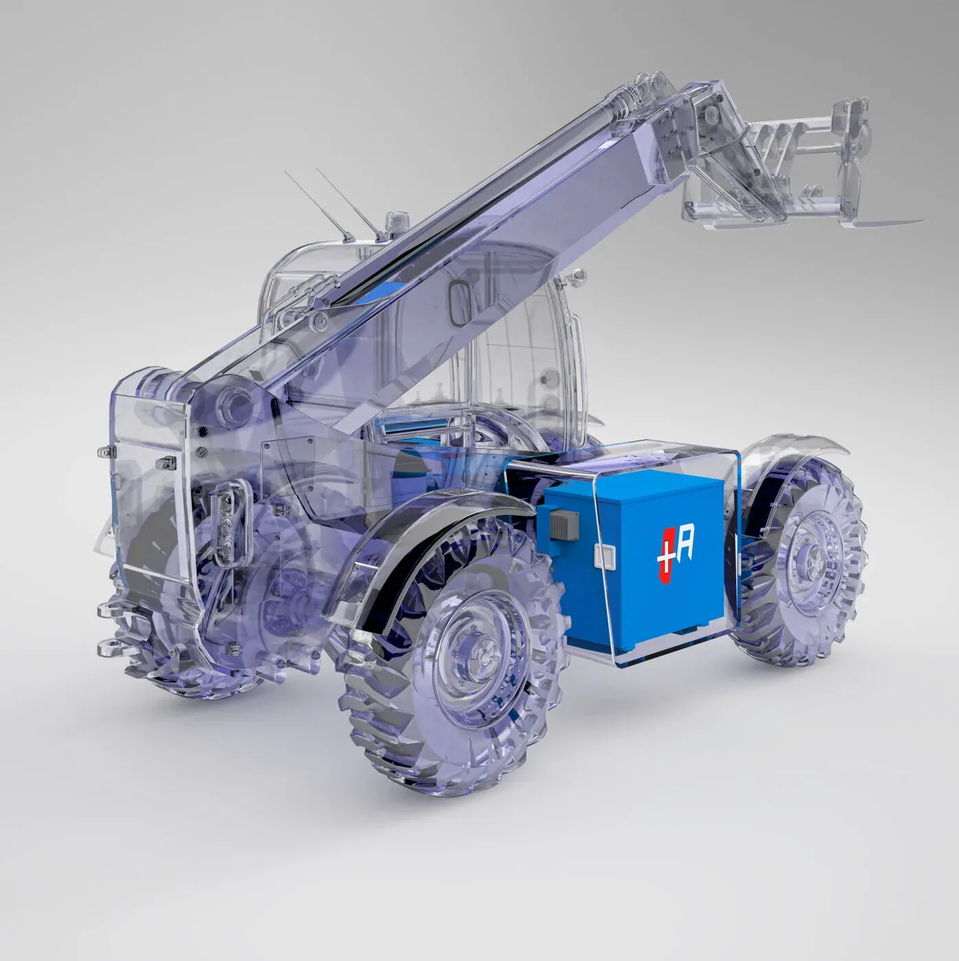 Telehandler render showing the position of an Aliant lithium battery pack