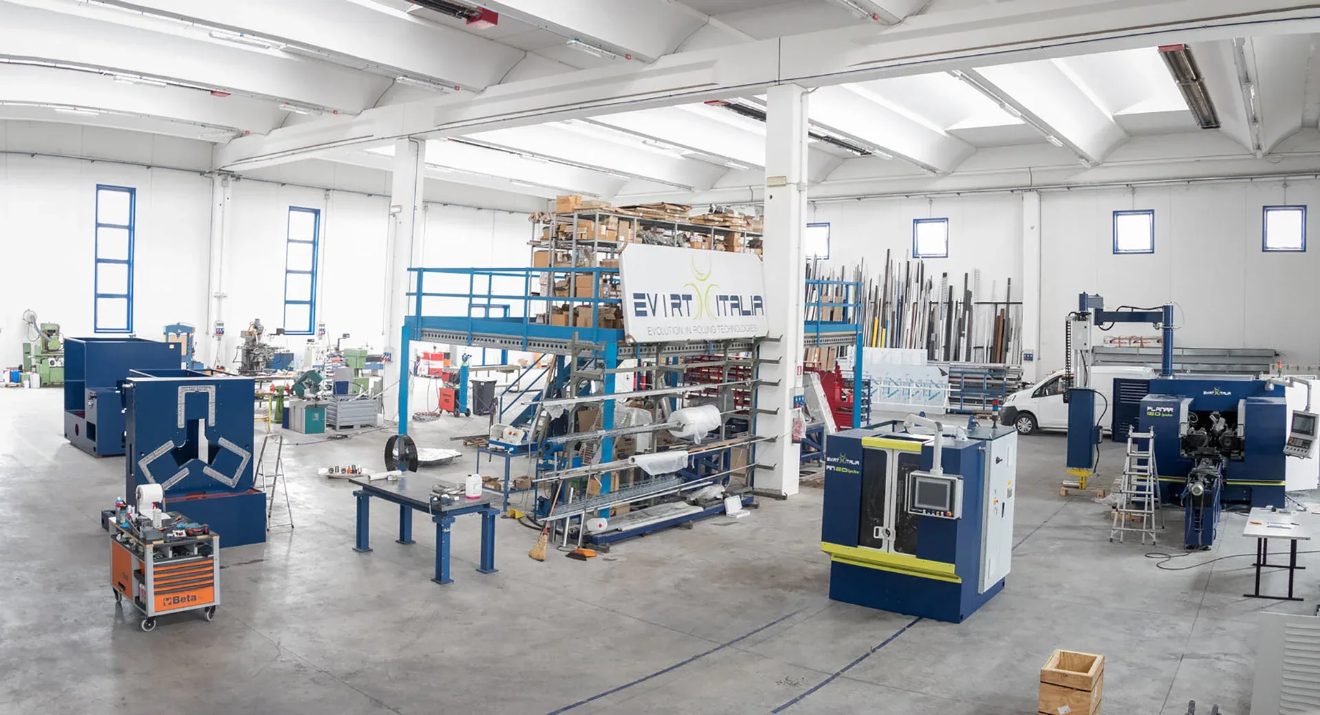 EVIRT Italia assembly floor with thread rolling machines under construction