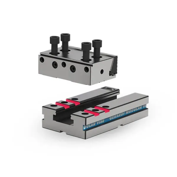 Gerardi modular vise elements, separate fixed and movable jaw sections