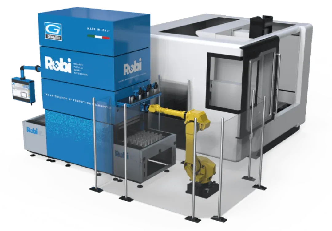 Gerardi ROBI automation cell with vertical tray storage and FANUC robot