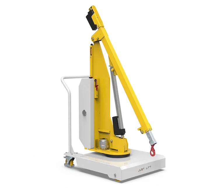Just Lift JL150 electric counterbalanced mini crane with yellow boom, three-quarter view