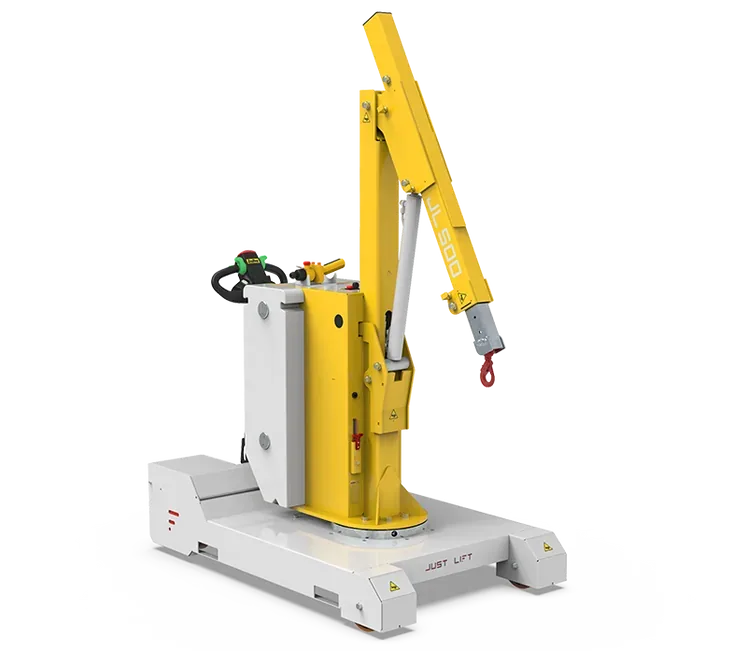Just Lift JL500 hydraulic counterbalanced floor crane with folding arm, three-quarter view