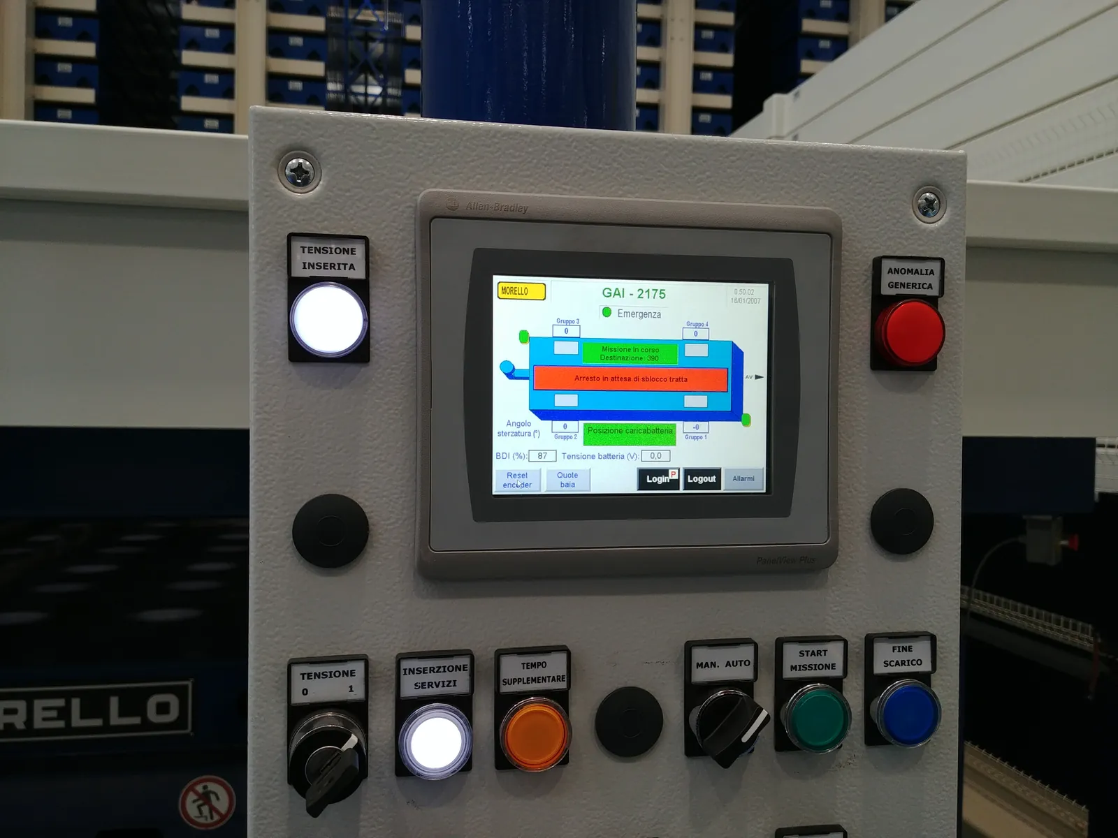 Morello AGV onboard control panel with touchscreen, selectors and emergency stop
