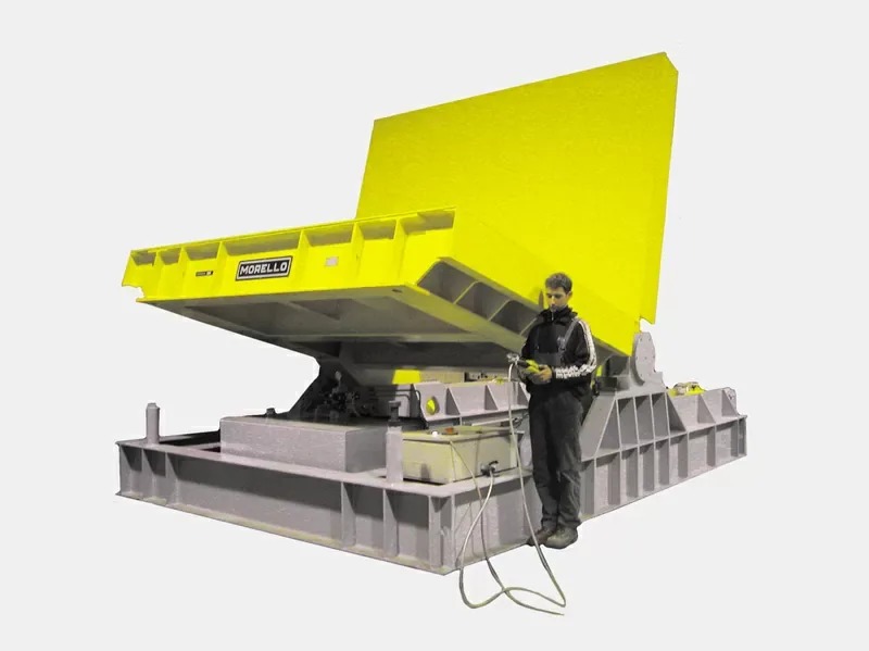 Morello 46 t hydraulic tilting machine with yellow tilting deck and pendant control