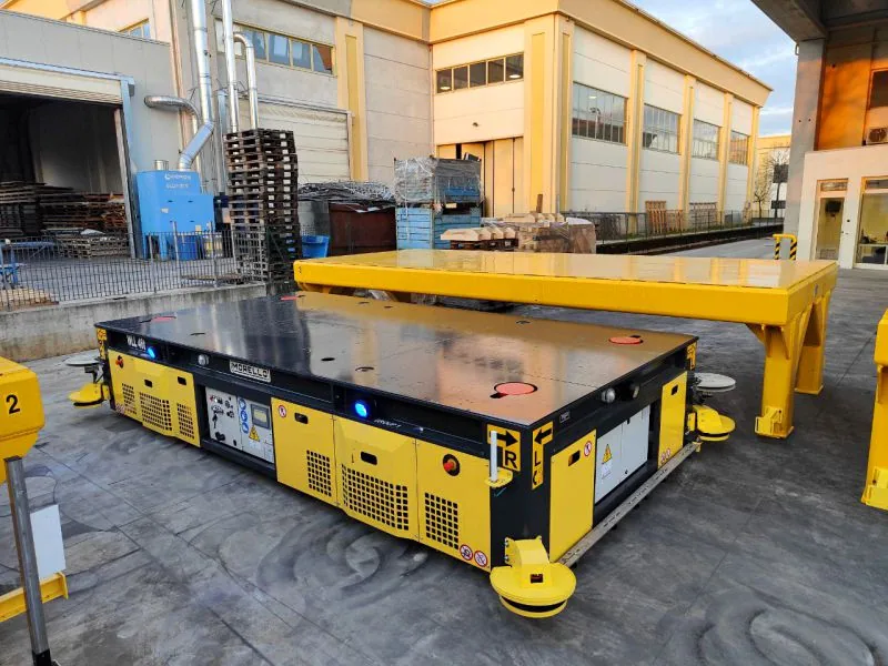 Morello 40 t omnidirectional AGV cart with safety laser scanners on the corners