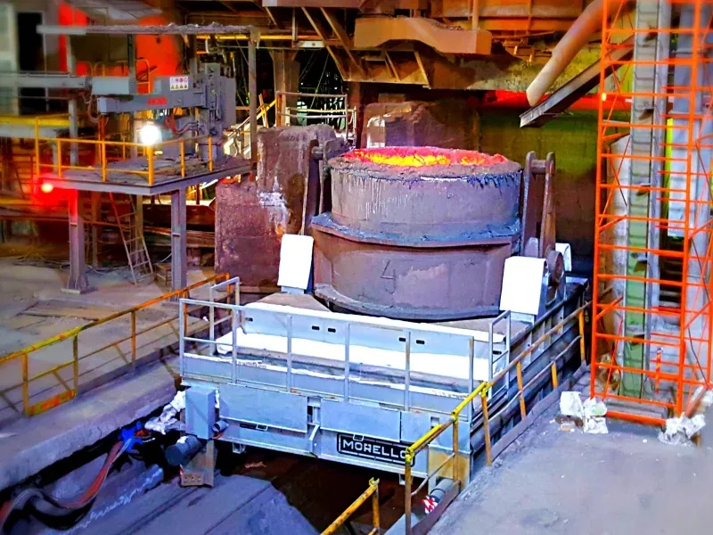 Morello 190 t rail ladle transfer car with load cells under a molten metal ladle