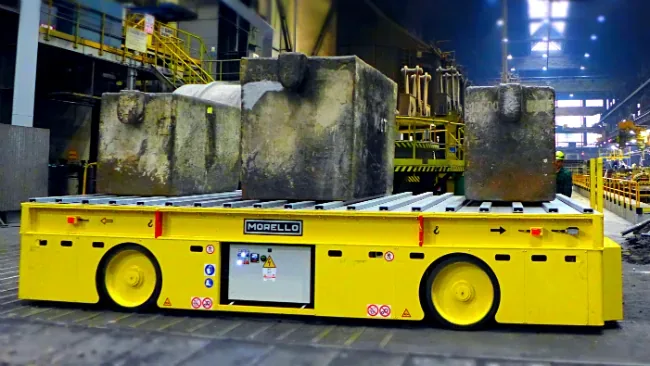 Morello 80 t battery platform cart moving heavy castings in a foundry