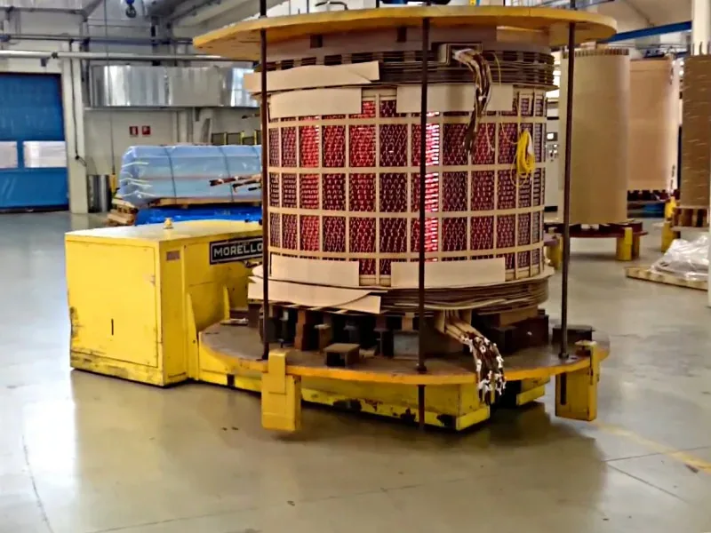 Morello 30 t heavy-duty pallet jack carrying a power transformer winding on a steel pallet