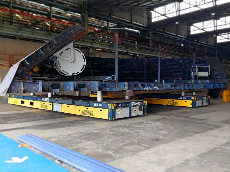 Synchronized Morello electric movers in a shipyard