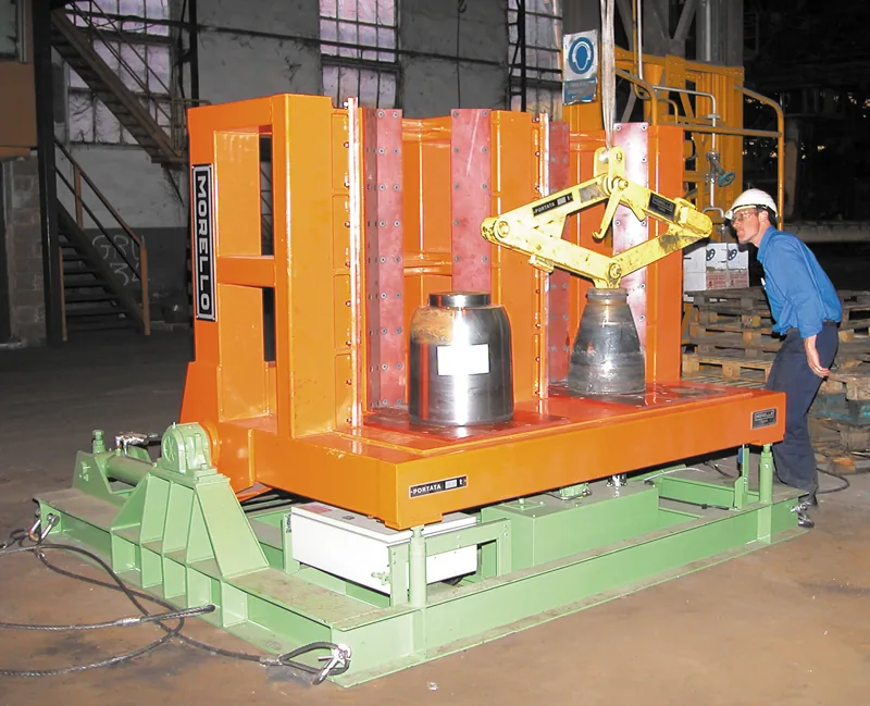 Morello 5 t upender tilting a die by 90 degrees in a tool shop