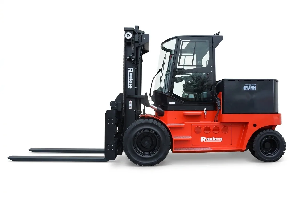 Raniero AC160 heavy-duty electric forklift with enclosed cab, side view on white background