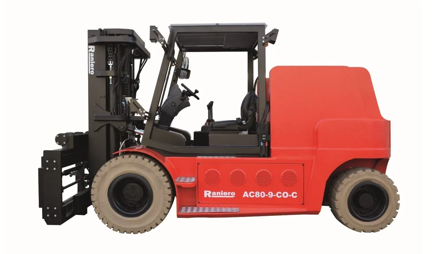 Raniero AC80-9 container friendly electric forklift with low overhead guard, side view