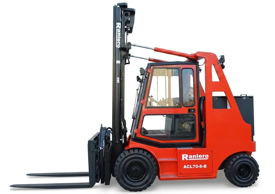 Raniero ACL70 compact electric forklift with enclosed cab, side view on white background