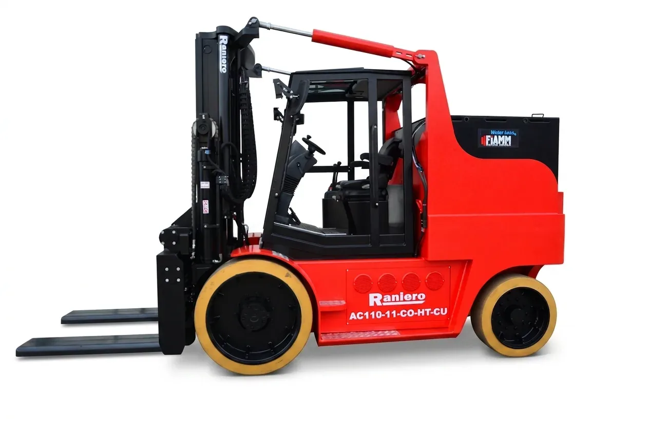 Raniero narrow width heavy-duty electric forklift with cushion tires, side view on white background