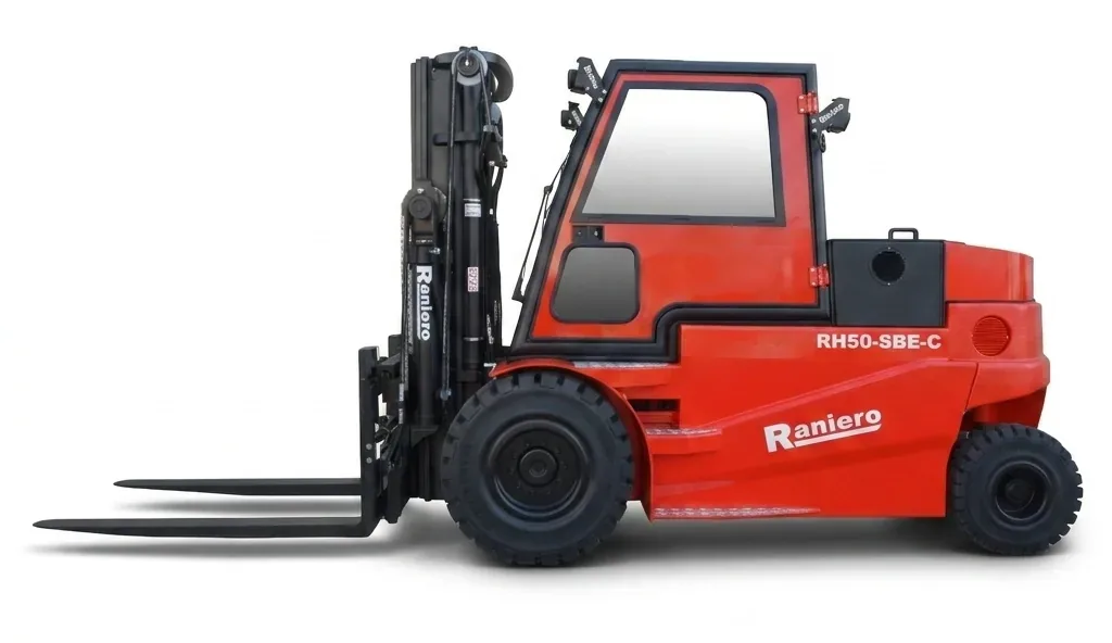 Raniero RH-C container friendly electric forklift with low cab, side view on white background