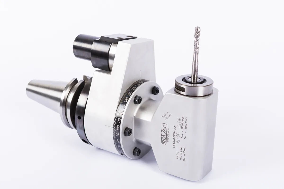 ROMAI angle head with steep taper shank and drill