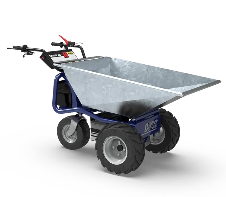 Zallys DUMPER-JET electric wheelbarrow with galvanized tipping skip, three-quarter view