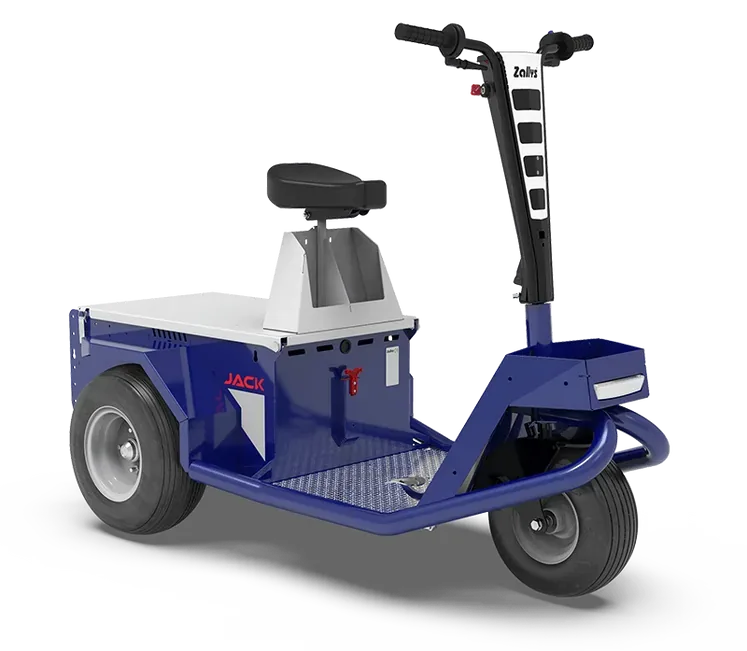 Zallys JACK stand-on industrial electric tractor with low platform, three-quarter view