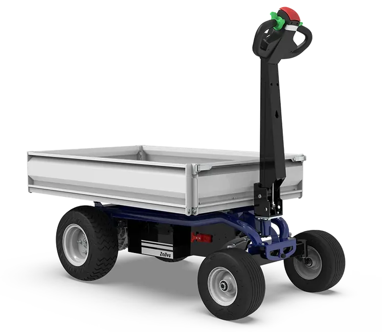 Zallys JESPI four-wheel electric platform truck with steel bed, three-quarter view