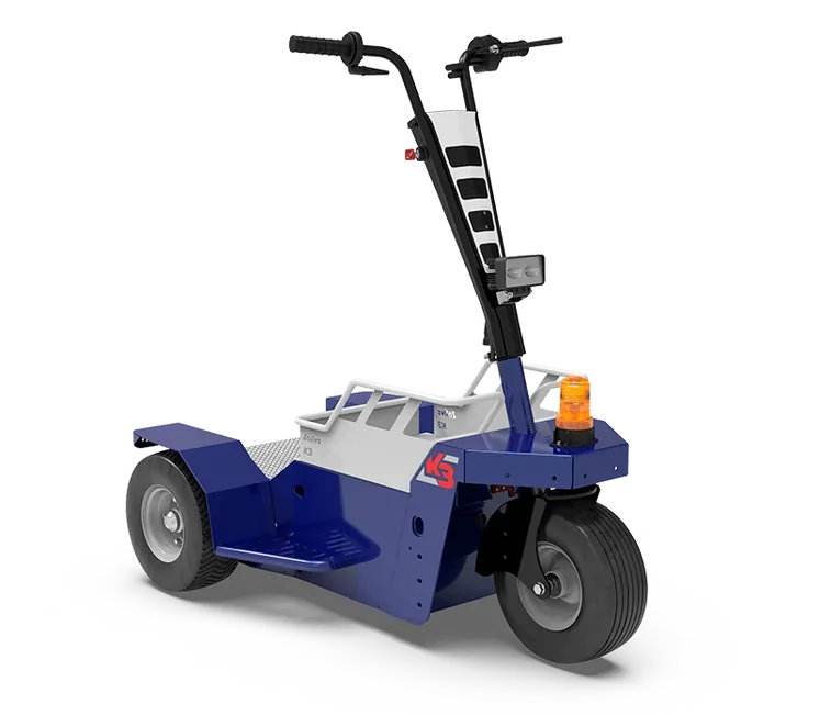 Zallys K3 stand-on electric people carrier with beacon, three-quarter view