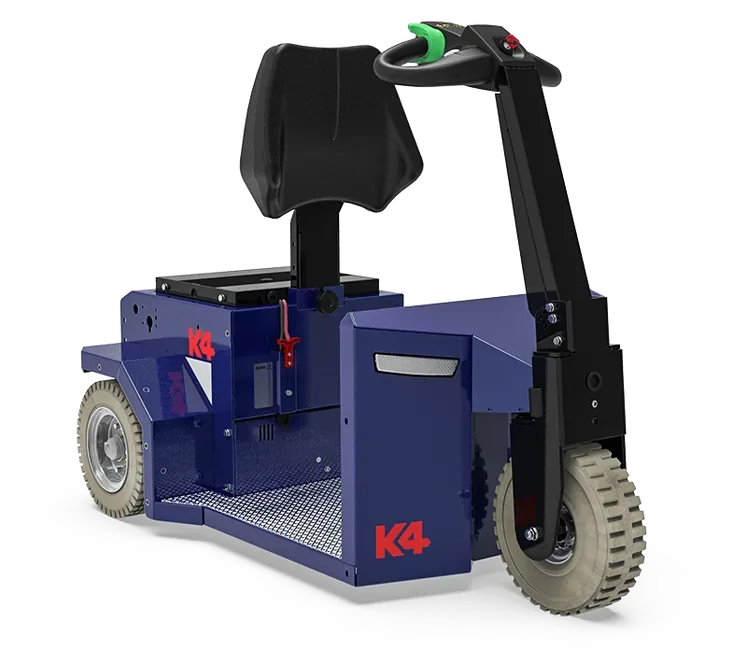 Zallys K4 stand-on electric tow tractor with shoulder rest, three-quarter view