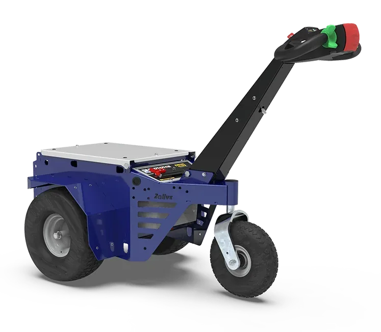 Zallys M4 compact electric trolley mover with tiller handle, three-quarter view