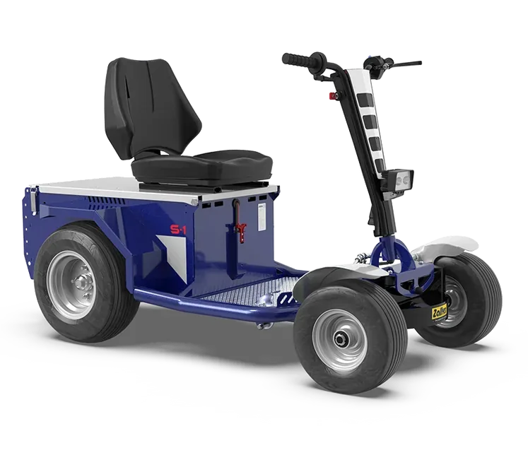 Zallys S1 four-wheel ride-on electric tractor with seat, three-quarter view